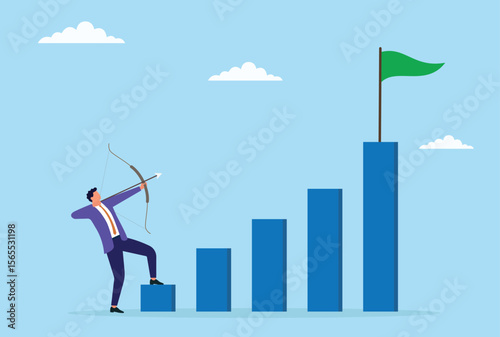 Vector illustration of a businessman aiming to shoot arrows at a flag atop a bar graph, symbolizing focus, goal setting, precision, and striving for business success
