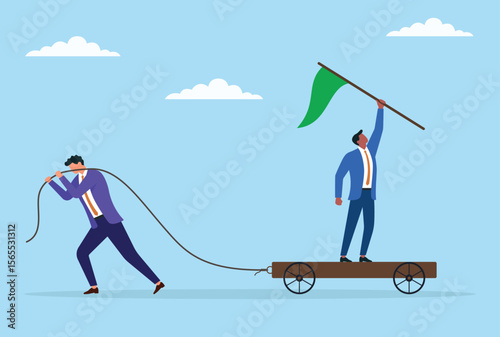 Vector illustration of a businessman standing on a trolley holding a flag, being pulled by another businessman with a rope, symbolizing leadership, teamwork, and shared ambition
