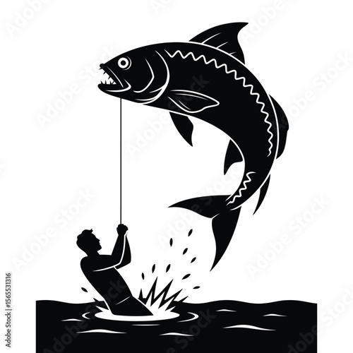 Silhouette of giant fish pulling fisherman into water in dramatic action scene, isolated on black and white vector background
