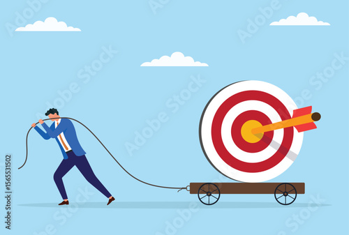 Vector illustration of a businessman pulling a large target sign on a trolley with a rope, representing determination, effort, goal achievement, and steady progress in business
