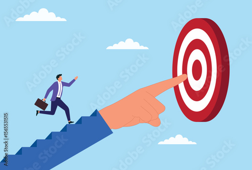 Vector illustration of a businessman running on a helping hand toward a target, symbolizing support, collaboration, determination, and striving for business success
