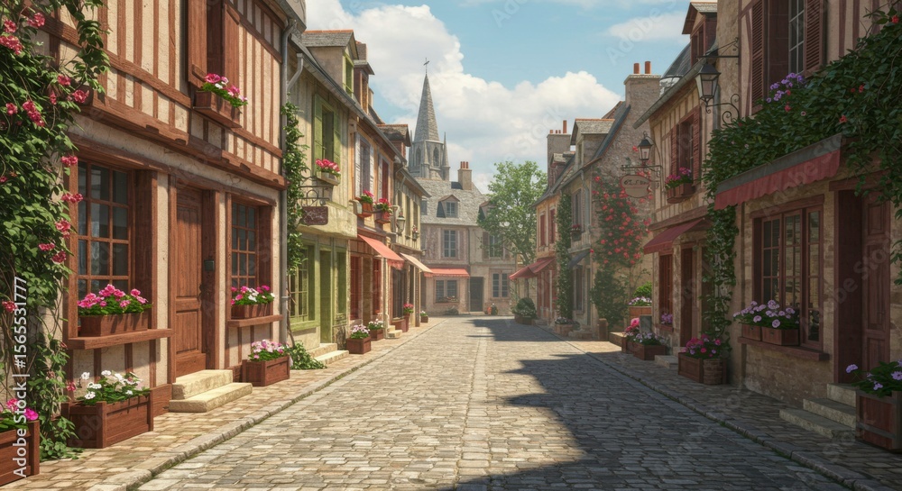 Fototapeta premium Charming cobblestone street lined with quaint, flower-adorned buildings on a sunny day