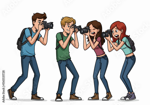 Cartoon Illustration of a Group of Young People Taking Photos with Cameras