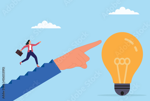 Vector illustration of a businesswoman running on a helping hand toward a light bulb, representing support, collaboration, innovation, and the journey toward bright business ideas
