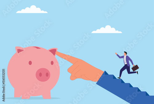Vector illustration of a businessman running on a helping hand toward a piggy bank, symbolizing financial support, collaboration, savings, and the journey toward economic growth
