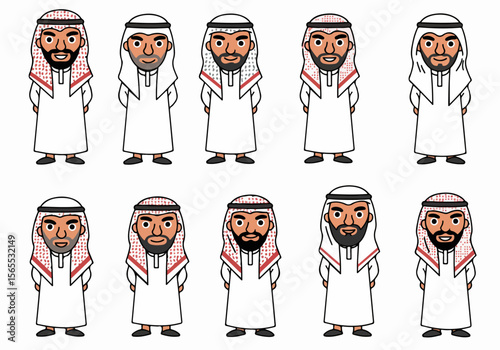 Collection of diverse cartoon illustrations of Arabic men wearing traditional thobes and headwear, showcasing cultural diversity and different appearances.