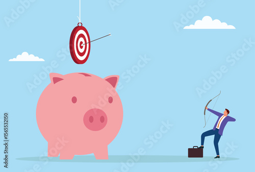 Vector illustration of a businessman shooting arrows at a target atop a piggy bank, symbolizing focused financial goals, investment strategy, precision, and wealth growth
