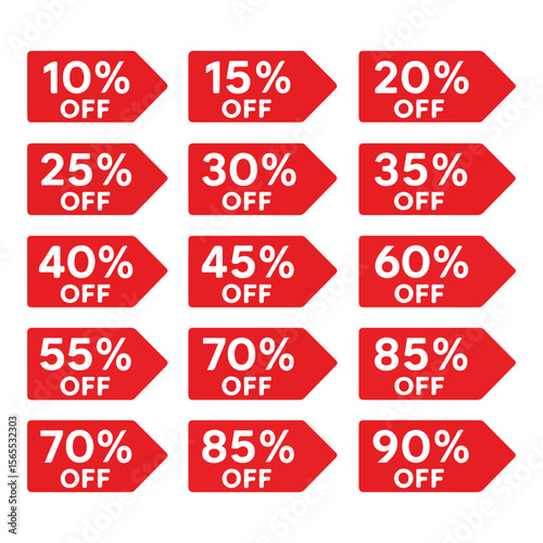 Set of red discount and sale labels with price tags and promotional badges