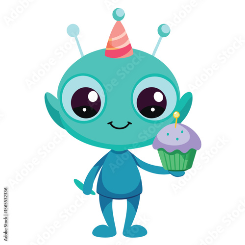 A small, cute alien holding a birthday cupcake, a whimsical and fun image for celebrations.