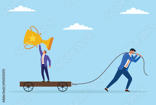 Vector illustration of a businessman standing on a trolley holding a trophy, being pulled by another businessman with a rope, symbolizing teamwork, leadership, and shared victory
