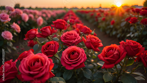 Vibrant red roses bloom in a sunlit field pink flowers