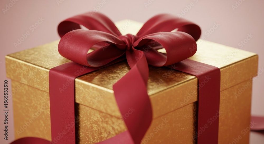 Obraz premium Gift box with a red ribbon. A golden gift box adorned with a crimson bow