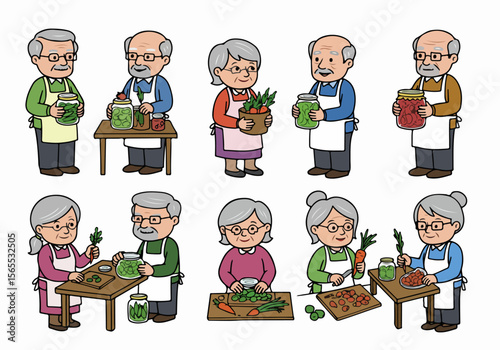 Cartoon illustration of senior adults preparing, canning, and pickling various vegetables and fruits, preserving homemade food in jars.