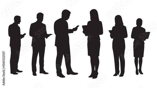 Vector silhouette of business people in formal attire. Clean vector pattern, white background.