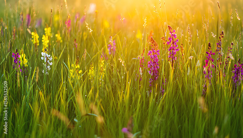 Wildflowers blooming in golden sunlight meadow grass