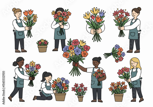Illustrations of diverse florists and people arranging colorful flower bouquets and caring for potted plants, showcasing the joy of working with flowers.