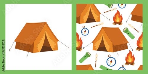 Camping tent vector set and seamless pattern with flashlight, compass, campfire, marshmallows. This bundle includes detailed illustration of an orange camping tent and matching repeatable pattern
