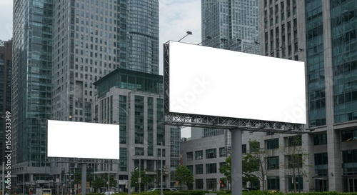 Two billboards stand empty in front of highrise buildings on a cloudy day