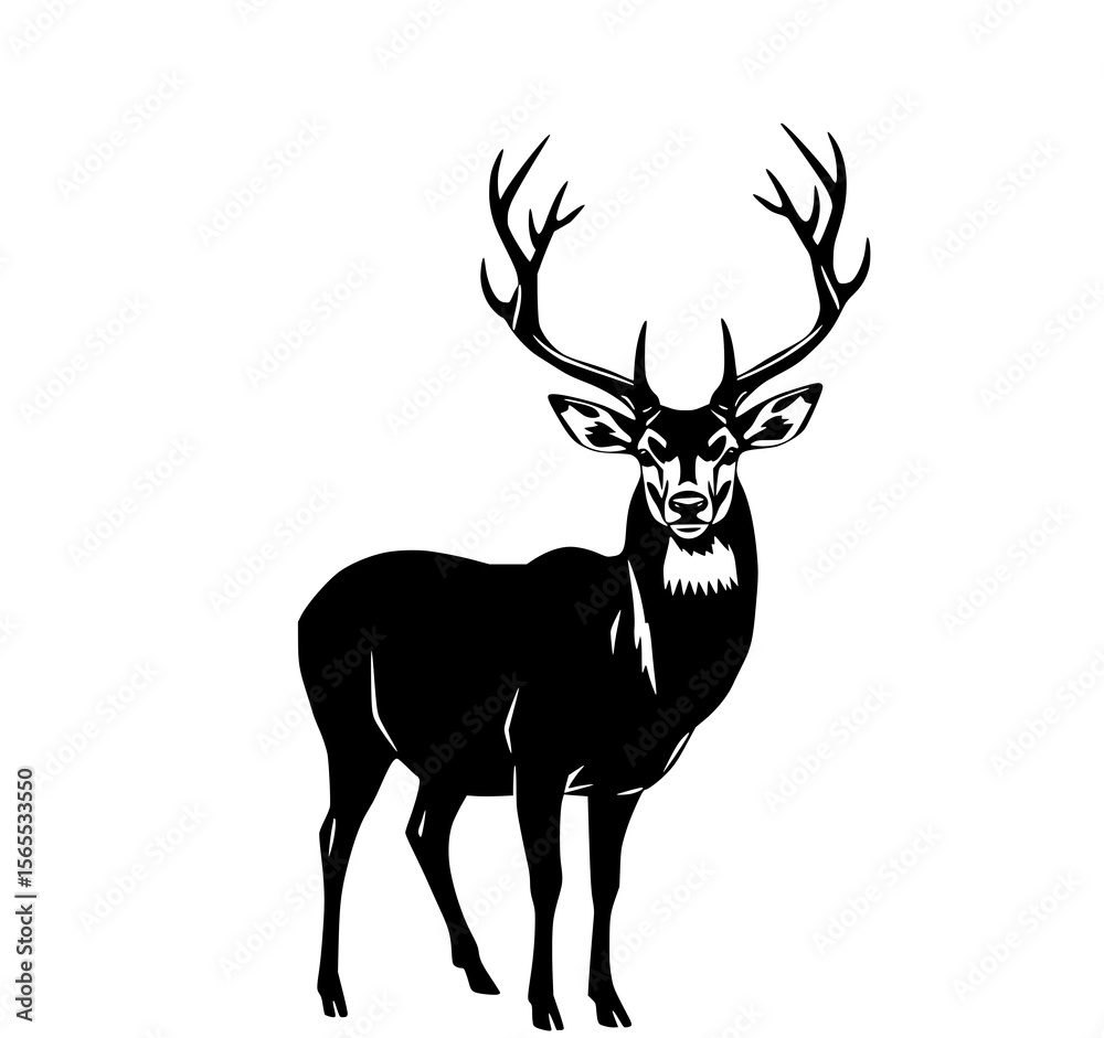 Obraz premium Majestic Deer Silhouette: A striking monochrome line art illustration of a regal deer with large antlers, standing proudly against a white background.