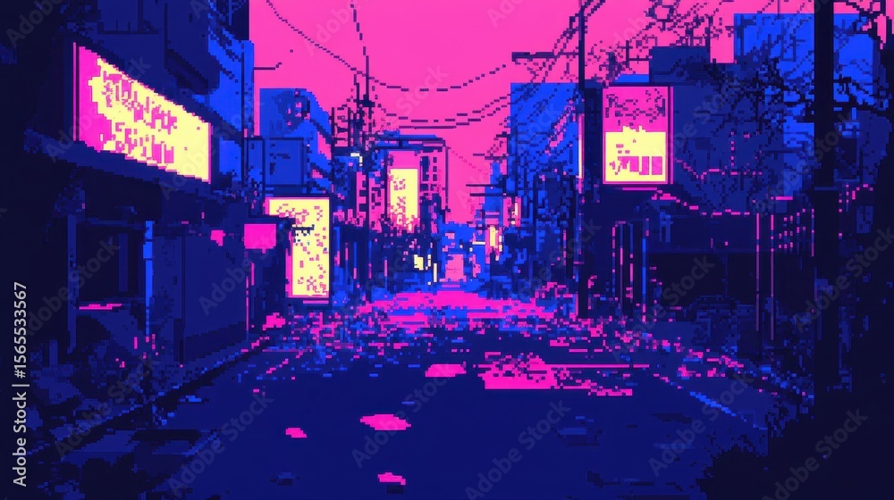 Obraz premium Pixelated city street at dusk, vibrant neon lights.