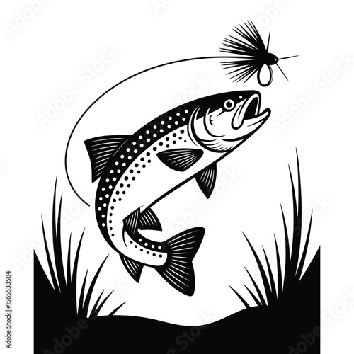 Silhouette of trout fish leaping toward fly lure in mid-air, isolated black and white vector illustration