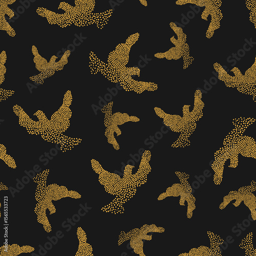Seamless golden pigeon pattern. Vector background with abstract gold birds. Dove print