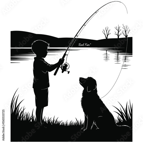 Silhouette of young boy casting fishing line with golden retriever by calm lake at dusk, “Reel Fun” text, black and white vector illustration