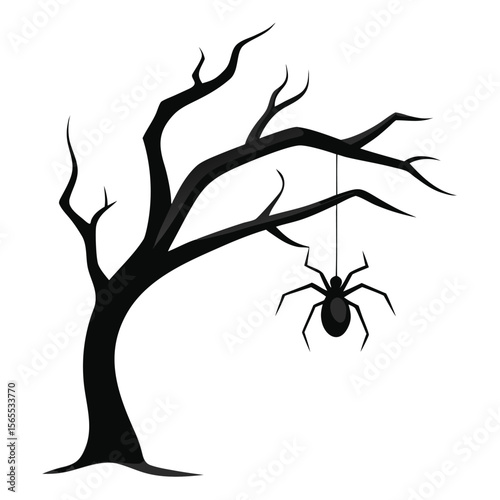 A spooky, bare branch with a single hanging spider, perfect for Halloween and eerie designs.