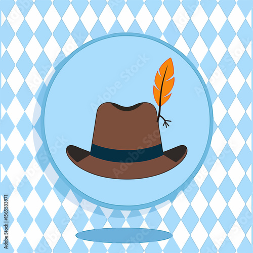 From the series "oktoberfest", tyrolean hat on the background of traditional bavarian pattern with blue and white dimonds 