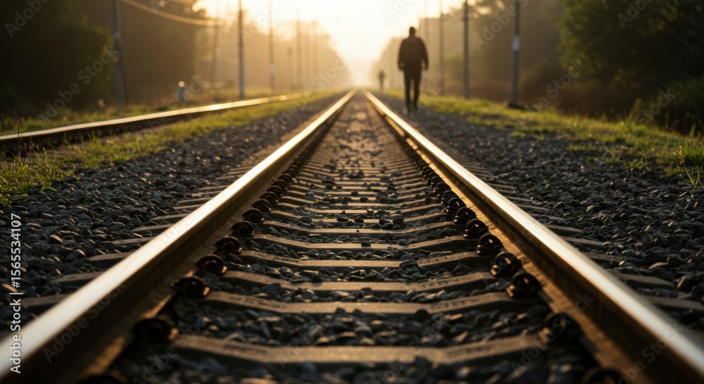 Fototapeta premium A person strolls along sunlit railway tracks, with a blurry figure in the distance