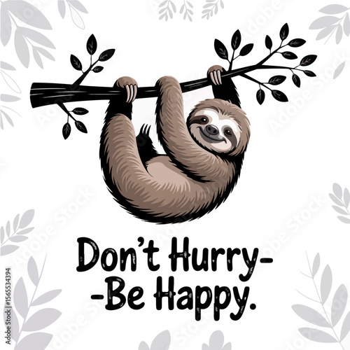 Cute sloth hanging on a branch with the inspirational quote don t hurry be happy