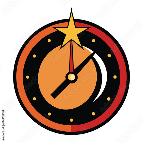 A stylized clock with hands pointing to midnight, representing new beginnings, endings, and suspense.