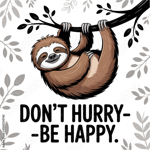 Cute cartoon sloth hanging from a tree branch with inspirational text