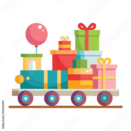 A tiny birthday train with colorful presents as cargo, a charming and festive way to deliver gifts.