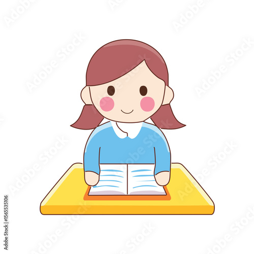 A young girl reads a book with focus and a bright, cheerful look. The image captures the joy of learning