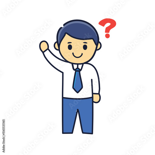 A cartoon of a man with a question mark. He has a friendly expression and seems curious