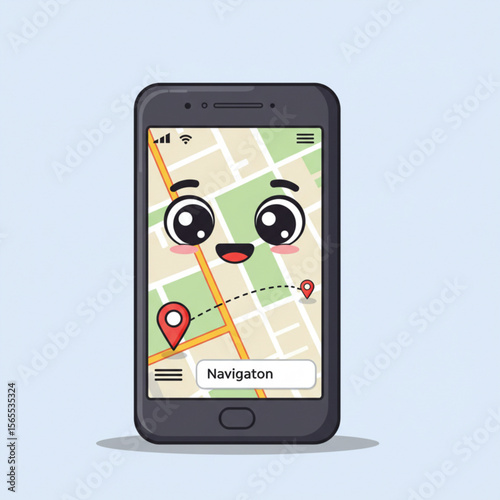 A cartoon smartphone with a map interface and happy face.