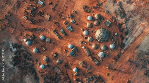 Top down Satellite view of a terraformed Mars colony geometric domes and red soil sci-fi realism