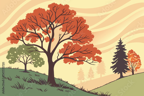 Autumn landscape with colorful trees and rolling hills