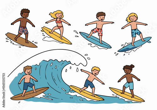 Happy diverse group of cartoon people surfing on waves, enjoying summer beach fun and learning to surf.