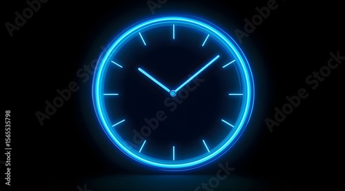A futuristic digital clock light effect. A glowing silhouette of a clock representing time. Background laser blue neon clock vector illustration 