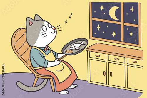 Cartoon cat cooking fish in a pan at night vector