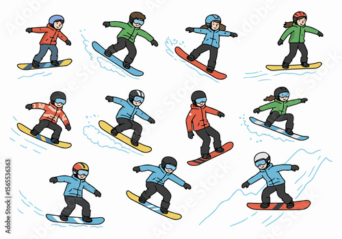 Diverse cartoon characters snowboarding downhill set against a white background, enjoying winter sports and recreation on the snowy slopes.