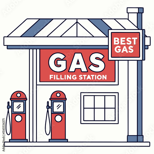 Vintage Style Gas Filling Station Vector Illustration | Retro Fuel Pump & Service Station
