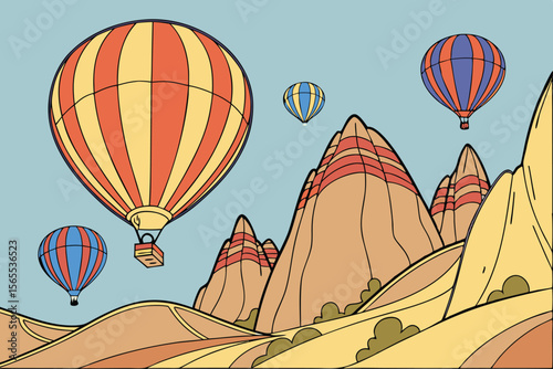 Colorful hot air balloons float over stylized mountains