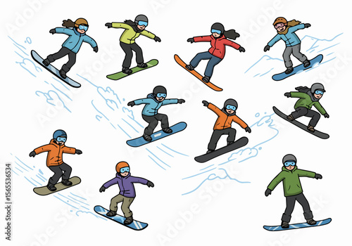 Dynamic cartoon illustration featuring multiple diverse people snowboarding down snowy mountain slopes, showcasing winter sports and outdoor recreation.