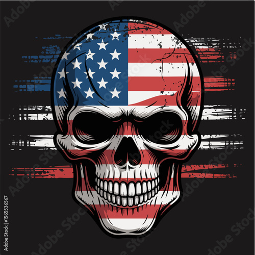 Grungy american flag skull with distressed stripes on black background