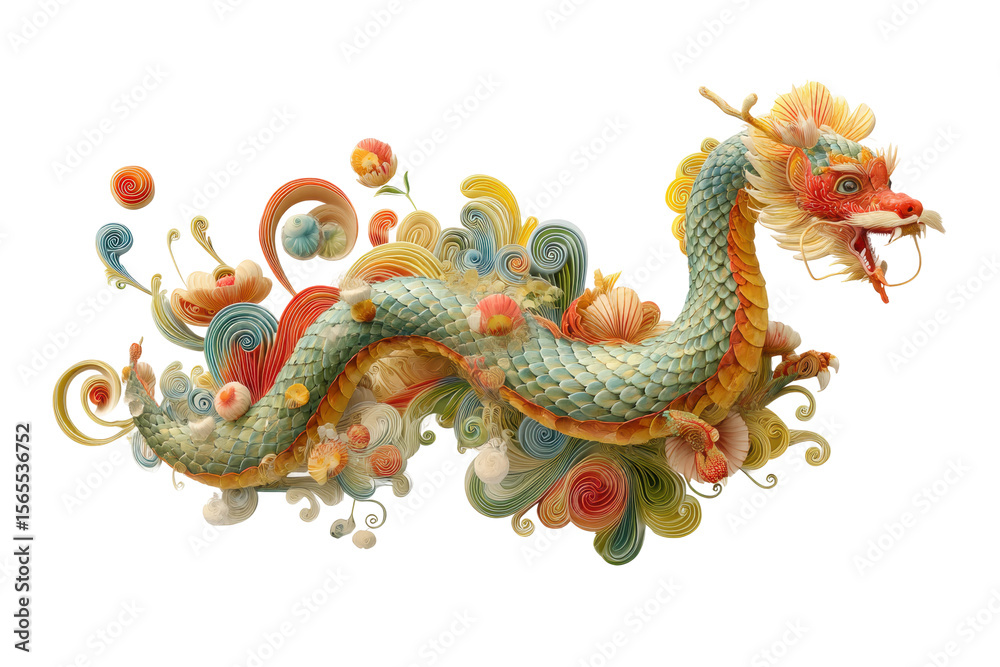 Obraz premium PNG Colorful chinese dragon with intricate patterns and swirling clouds in vibrant style