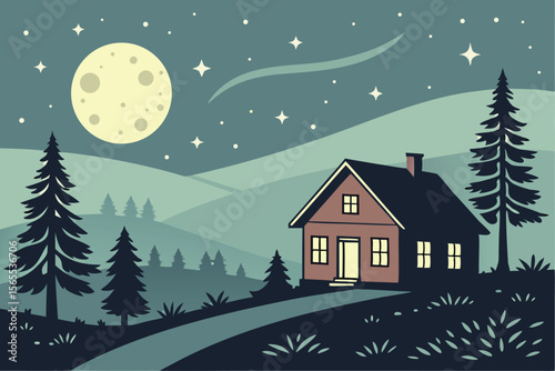 Cozy house under a large moon and starry night sky