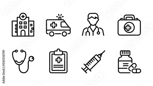 Medical Icon Set – 8 Healthcare Symbols Including Hospital, Ambulance, Stethoscope, First Aid Kit, Syringe, and More"
